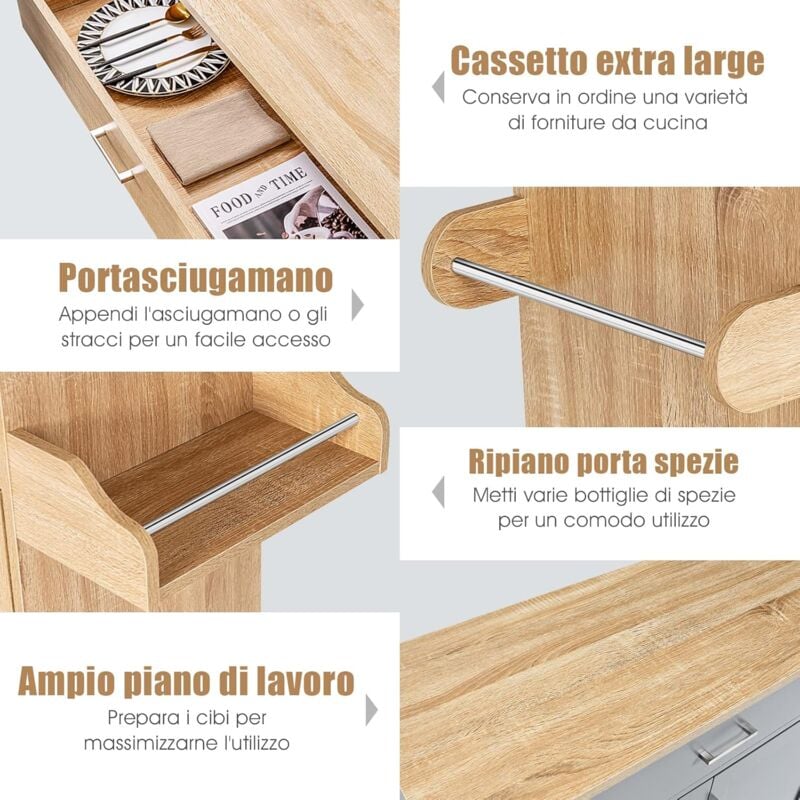 GOPLUS Carrello Portata da Cucina, Armadietto a 2 Livelli, Ripiano Interno  Regolabile, Credenze Mobili con Ruote, Ante Doppio, Cassetto, Portaposate,  Portasciugamani, 116x40x85 cm, Naturale