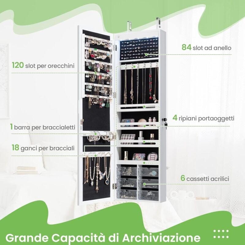 GOPLUS Armadietto Portagioie da Parete, con Luci a LED e Specchio, 6  Cassetti, Serratura di Sicurezza, Grande Spazio per Collane e Gioielli,  36,5 x 11,5 x 120 cm (bianco)