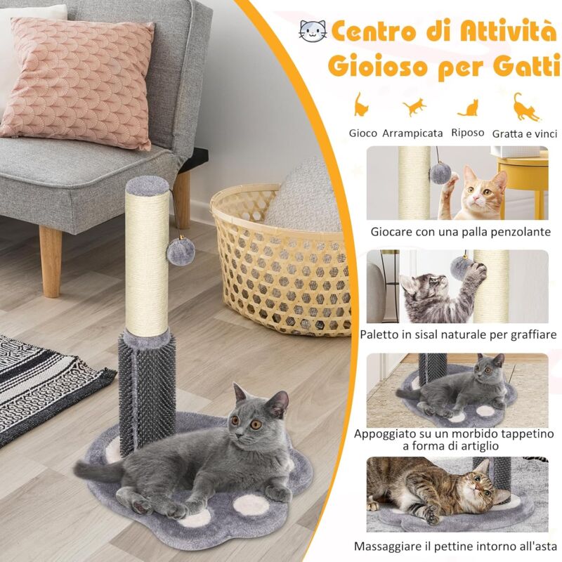 Albero Tiragraffi per Gatti 48x48x100 cm in Corda Sisal Peluche e