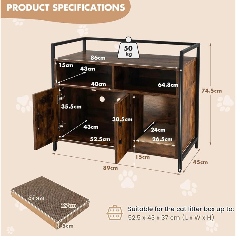 GOPLUS Casetta per Gatto, Mobile Lettiera per Gatti, con Robusto Telaio in  Metallo, Tiragraffi, Scaffali di Stoccaggio in Legno, Stile Industriale, 89  x 45 x 74,5 cm (Caffè)