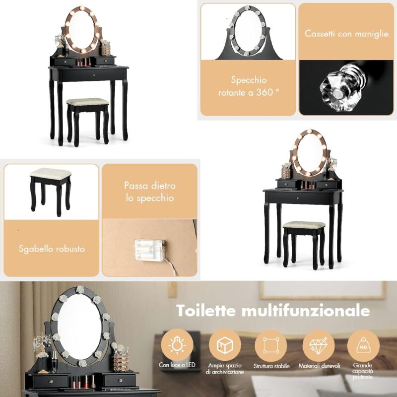 Toelette Tavolo Da Trucco In Camera Da Letto Per Ragazze, Toilette Di  Grande Capacità Scrivania Da Toeletta Con Specchio A Luminosità Regolabile,  Set Da Toeletta In MDF, 4 Tipi Di Sgabelli, Bianco 