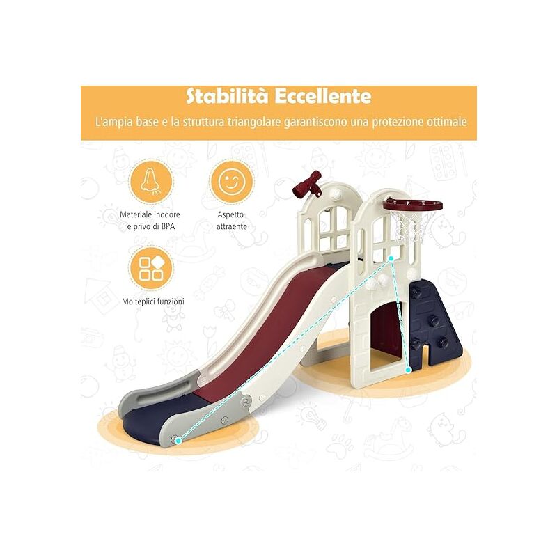 GOPLUS Scivolo Multifunzionale per Bambini 6 in 1, Set da Gioco con  Canestro, Scivolo, Parete da Arrampicata, Lancio dell'Anello, Binocolo,  Tunnel, Tavolo da Picnic, 189,5 x 83 x 98 cm (Blu)