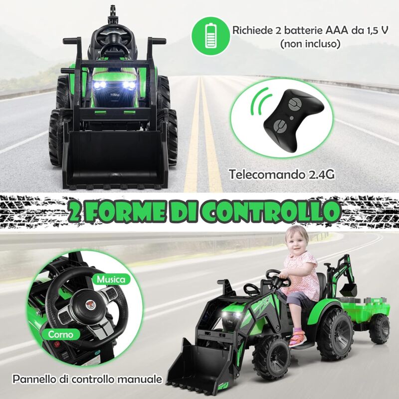 GOPLUS Trattore Elettrico per Bambini con Rimorchio, Pala e Ruote  Antisdrucciolo, Escavatore Giocattolo con Telecomando, Volante con Musica,  Luce per Bambini 3-8 Anni, 245 x 63 x 85 cm (VERDE)