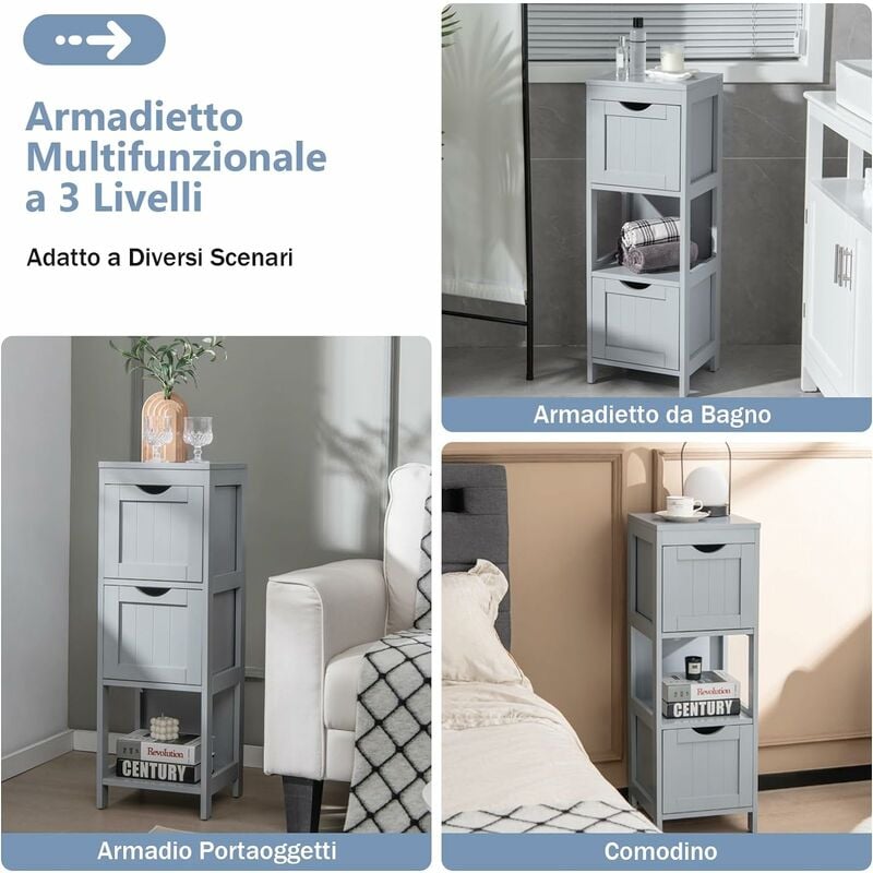 GOPLUS Mobiletto Portaoggetti da Bagno, Mobile da Terra Indipendente con 2  Cassetti Rimovibili e Scomparto Aperto per Soggiorno Ingresso Bagno, 30 x  30 x 89,5 cm (Grigio)