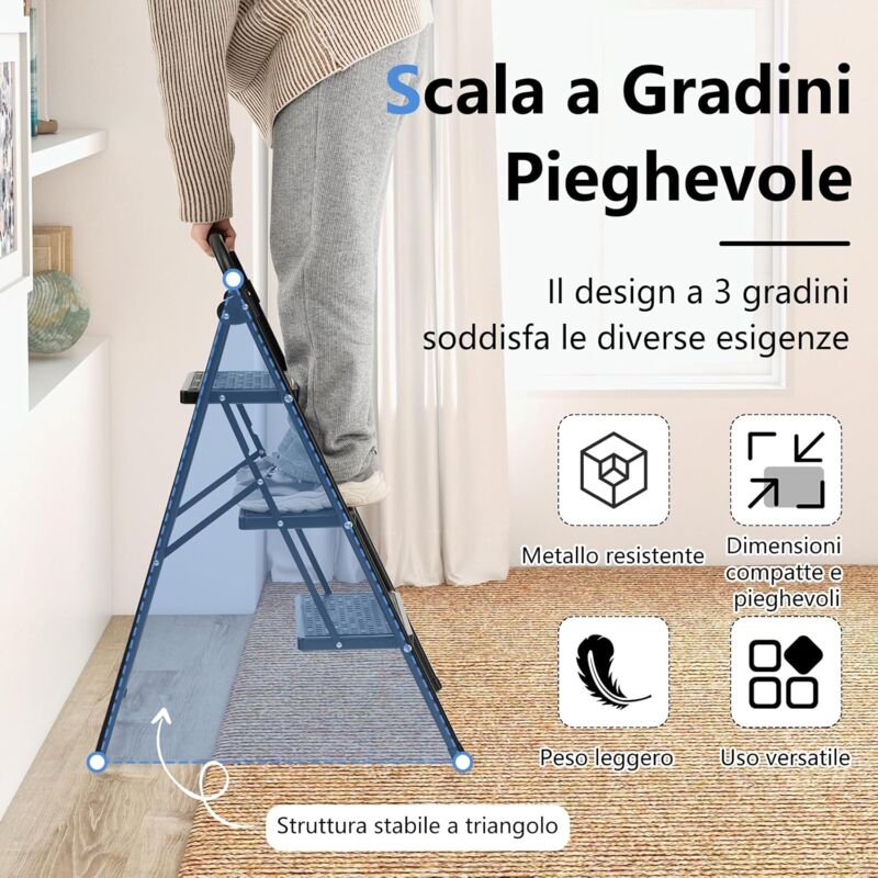 Scala a 3 gradini pieghevole con ampio pedale maniglia antiscivolo, Scala  portatile in metallo carico 150kg Nera - Costway