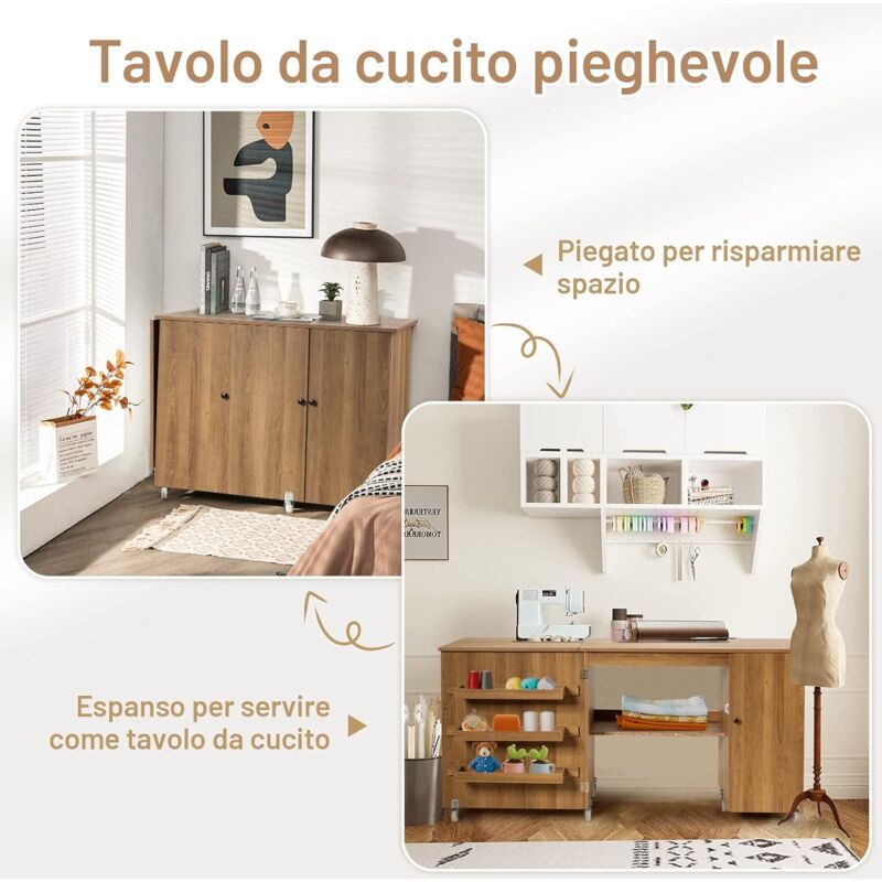 GOPLUS Mobiletto Cucito Pieghevole con Mensole e 5 Ruote Armadietto per  Cucito Tavolo Allungabile per Macchina