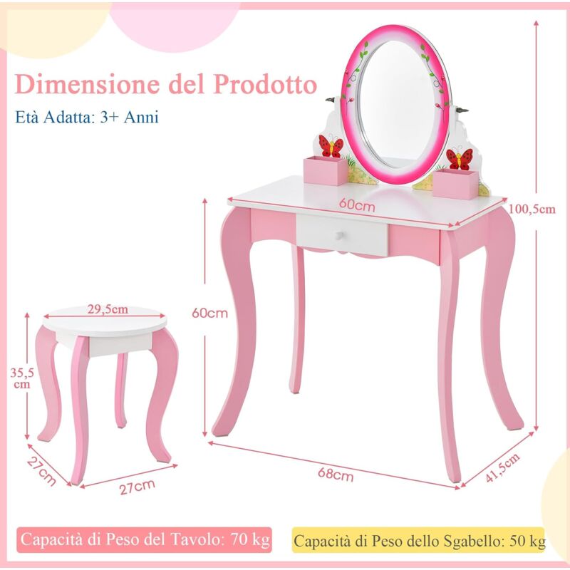 Tavolo Toeletta Bambini 2 In 1 Con Specchio Rimovibile – Legno, 70x34x100 Cm, Rosa/Bianco