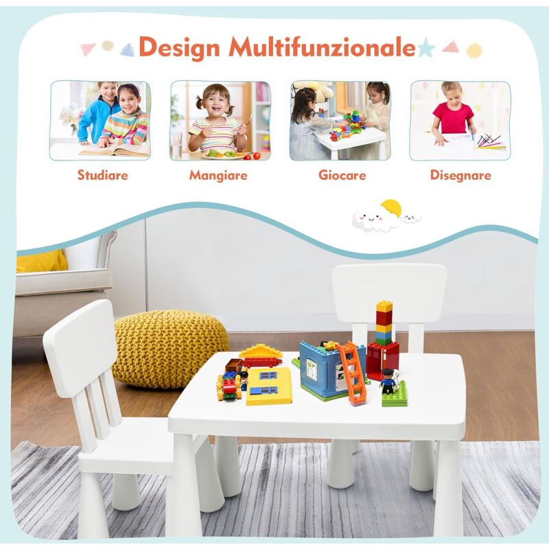 Set Tavolo E 2 Sedie Per Bambini GOPLUS - Mobili Multifunzione In Plastica, Resistente Fino A 50kg, Dimensioni 76.5x54.5x49.5 Cm