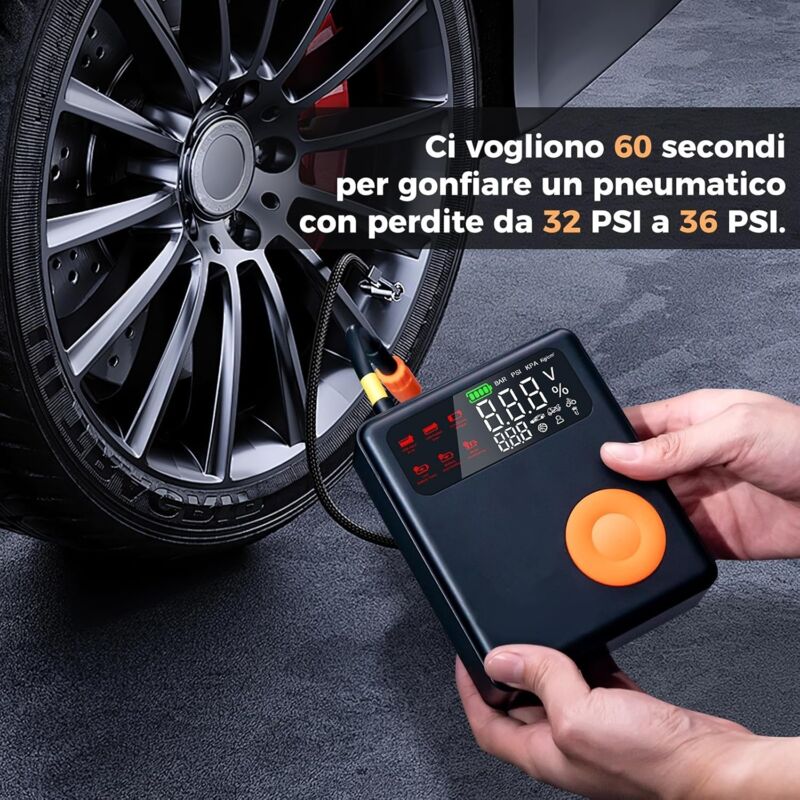Compressore Portatile 12V Con Batteria 3900mAh E Kit Riparazione – 4 Modalità, Spegnimento Automatico, Luce LED