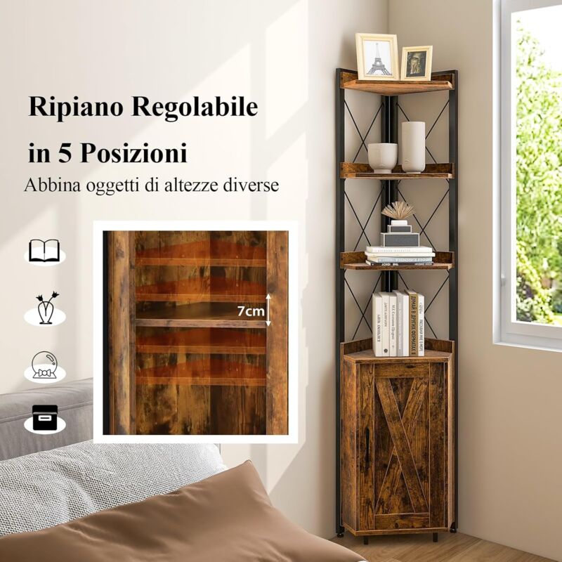 SAUCE ZHAN Scaffale Angolare Industriale 178 Cm - 5 Ripiani Con Portabicchieri, Libreria In Legno E Metallo, Salvaspazio Per Soggiorno, Cucina, Ufficio, Marrone - 4