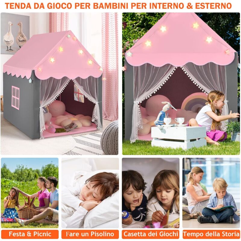Casetta Tenda Gioco Per Bambini - Con Luci Stelle, Materassino, Porta Velo, 105x121x136 Cm, Blu - Foto 4