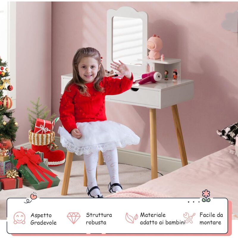 Tavolo Toeletta Bambini 2 In 1 Con Specchio Rimovibile – Legno, 70x34x100 Cm, Rosa/Bianco