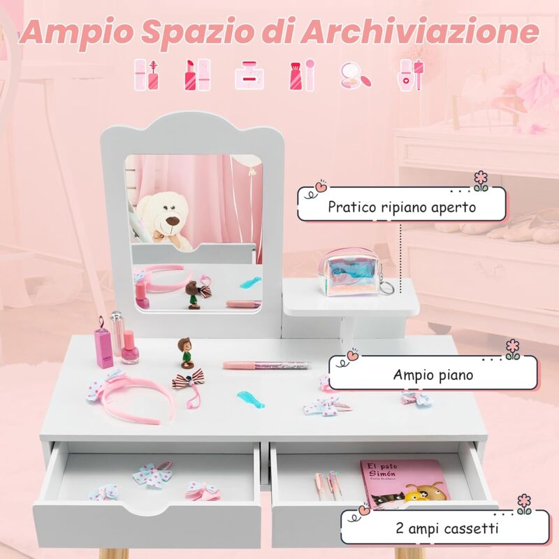 Tavolo Toeletta Bambini 2 In 1 Con Specchio Rimovibile – Legno, 70x34x100 Cm, Rosa/Bianco