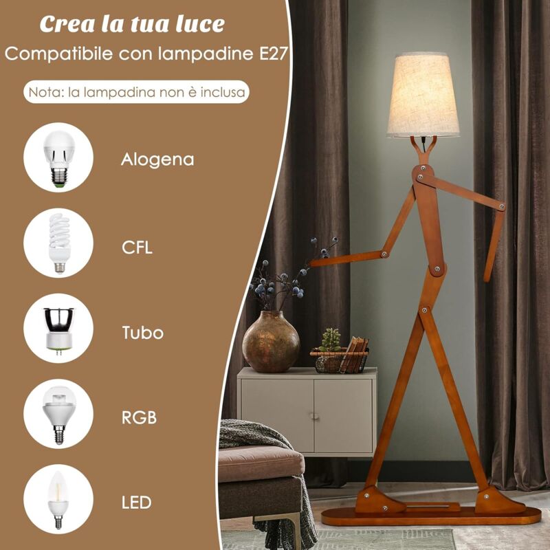 Lampada Da Terra In Legno Marrone Con Ripiani E Paralume In Tessuto – LED E27 3000K-5000K, 160 Cm, Con Scaffali Decorativi, Per Soggiorno E Camera Da Letto