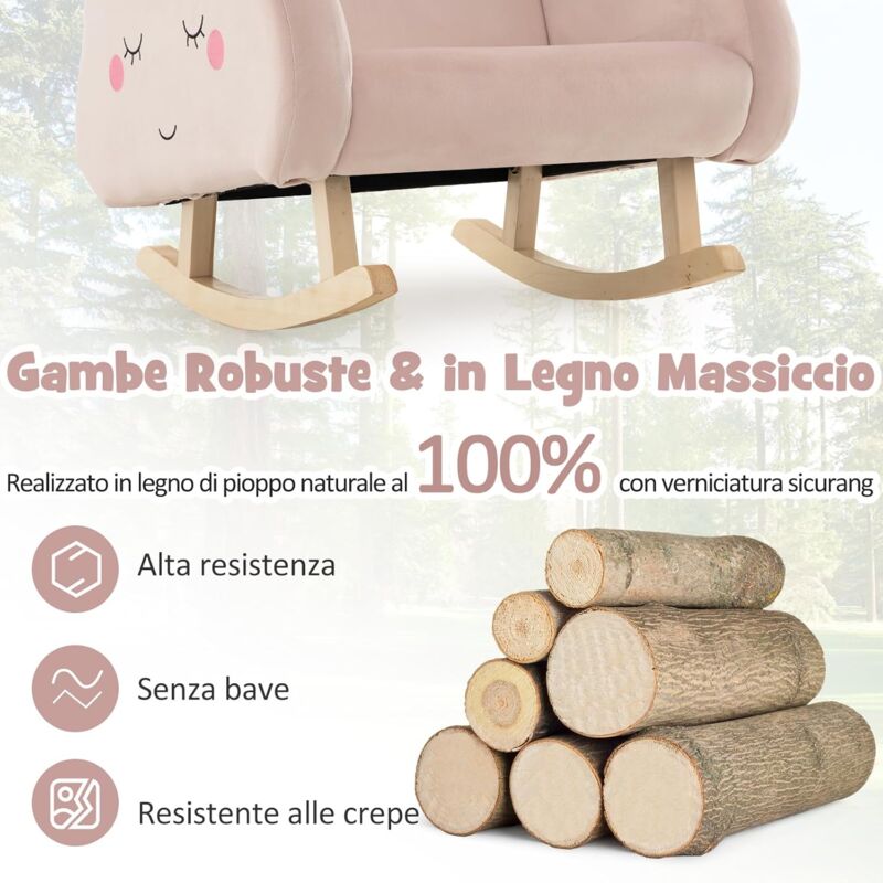 Sedia A Dondolo Bambini 3-5 Anni - Poltrona Imbottita Con Base Legno, Rosa, 50kg Max