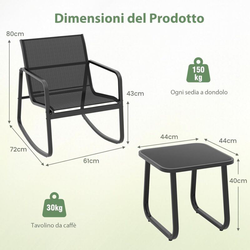 Set Mobili Giardino 3 Pezzi – 2 Sedie A Dondolo Con Tavolino Vetro | Per Patio, Cortile E Balcone (Colore Nero)