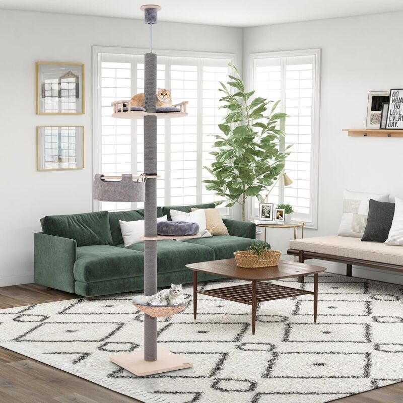 Tiragraffi Per Gatti A Soffitto Regolabile - 5 Livelli Con Amaca, Letto Cesto E Cuscini, Altezza 236-271cm - Foto 8