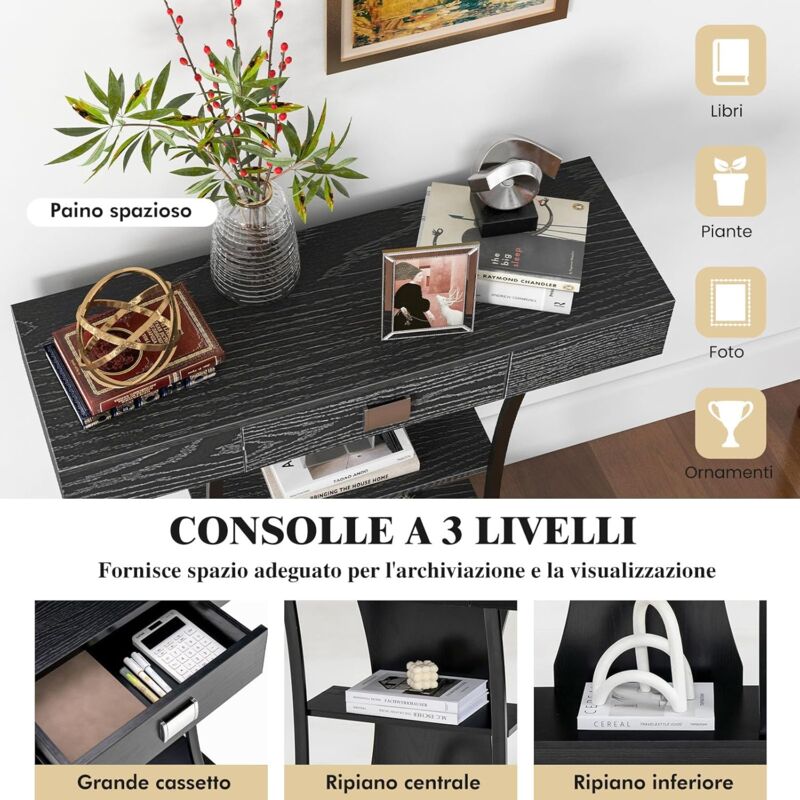 PADMA HOUSE Tavolo consolle con 2 cassetti, piccolo divano con ripiani, tavolo d'ingresso per soggiorno, ufficio, 90 x 35 x 76,5 cm (bianco retrò