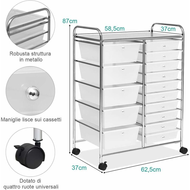 Carrello con Cassetti, Carrello di Stoccaggio, Contenitore Multiuso con  Ruote, Carrello Portaoggetti, Ideale per Uffici, Parrucchieri