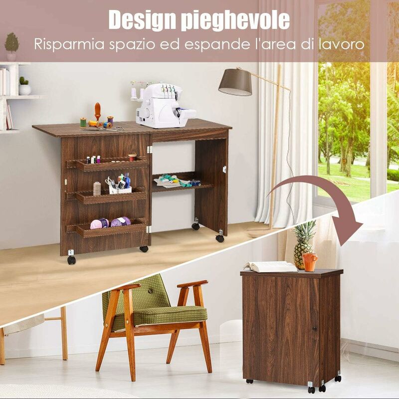 GOPLUS Mobiletto Cucito Pieghevole con Mensole e 5 Ruote Armadietto per  Cucito Tavolo Allungabile per Macchina da Cucire 117x77x40 cm (Marrone  Scuro)