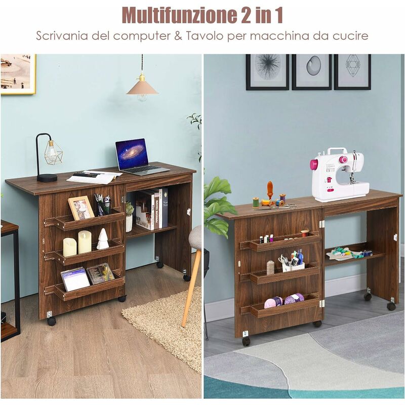 GOPLUS Mobiletto Cucito Pieghevole con Mensole e 5 Ruote Armadietto per  Cucito Tavolo Allungabile per Macchina da Cucire 117x77x40 cm (Marrone  Scuro)