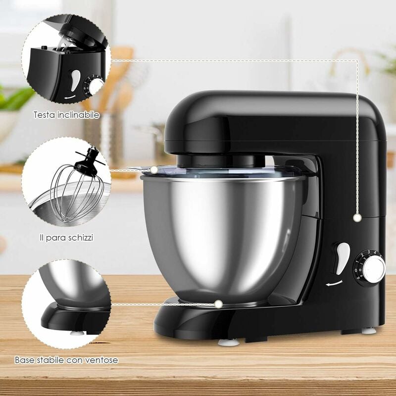 Impastatrice Planetaria con 6 Modalità Regolabili,1300 W, Mixer  Multifunzione a Basso Rumore,Robot da Cucina Elettrico con Fruste 4L (Nero)