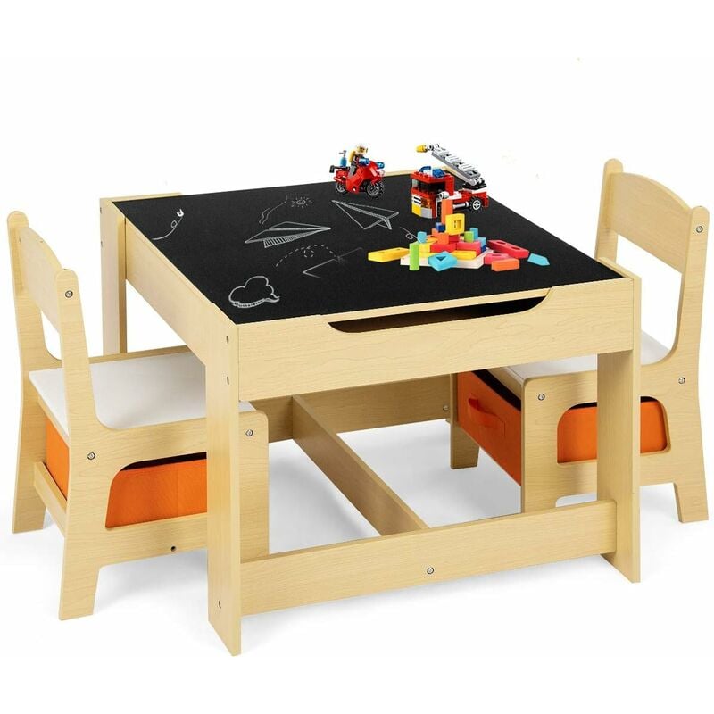 Costway Set tavolo e sedie per bambini con piano lavagna reversibile vano  nascosto, Tavolo e 2 sedie ergonomiche Naturale