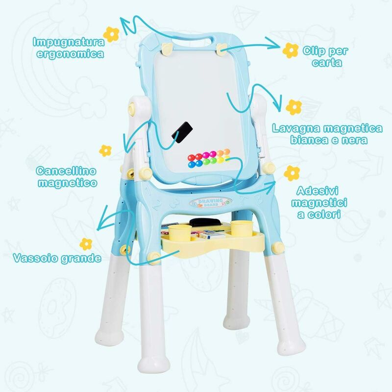 GOPLUS 2 in 1 Lavagna Magnetica Verticale per Bambini Double Face, Lavagna  Cancellabile con Cavalletto Altezza Regolabile e Accessori Artistici (Blu)