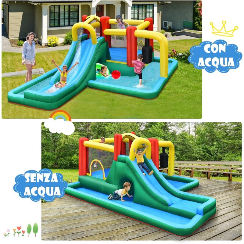 GOPLUS Castello Gonfiabile per 4 Bambini tra 3 e 10 Anni con Scivolo e  Trampolino , Funzione di Gettare L'acqua, in Tessuto Oxford, Portata  Massima di 120 KG, 470x370x190 cm (con compressore 680 w)