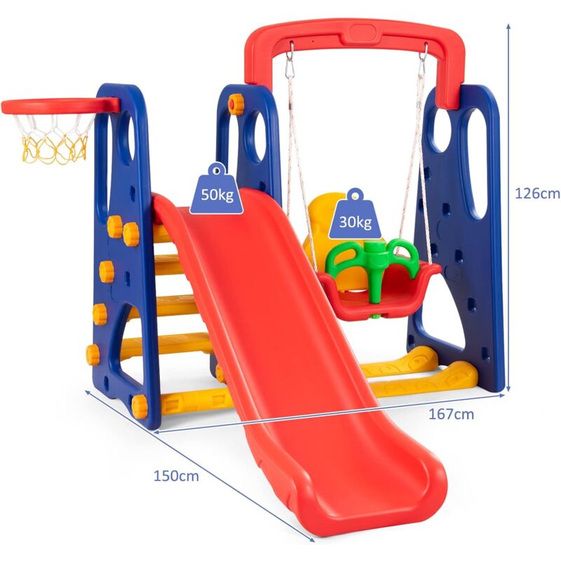 Goplus Set 4 in 1 con Scivolo, Scala da Arrampicata, Altalena e Canestro da  Basket, Palestrina e Parco Giochi in Plastica da Giardino per Bambini 3-8  Anni, per Esterni e Interni, 167 x 150 x 126 cm