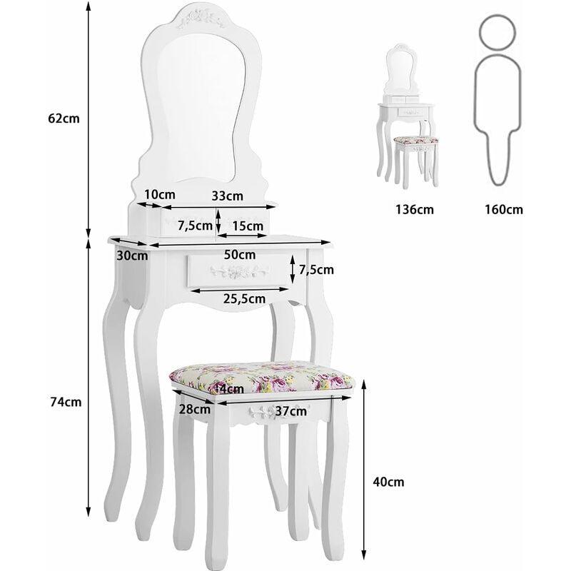 Goplus Toeletta Trucco, con Specchio Rimovibile, Sgabello Imbottito, 3  Cassetti, Design 2 in 1, 50x30x136 cm, Bianco
