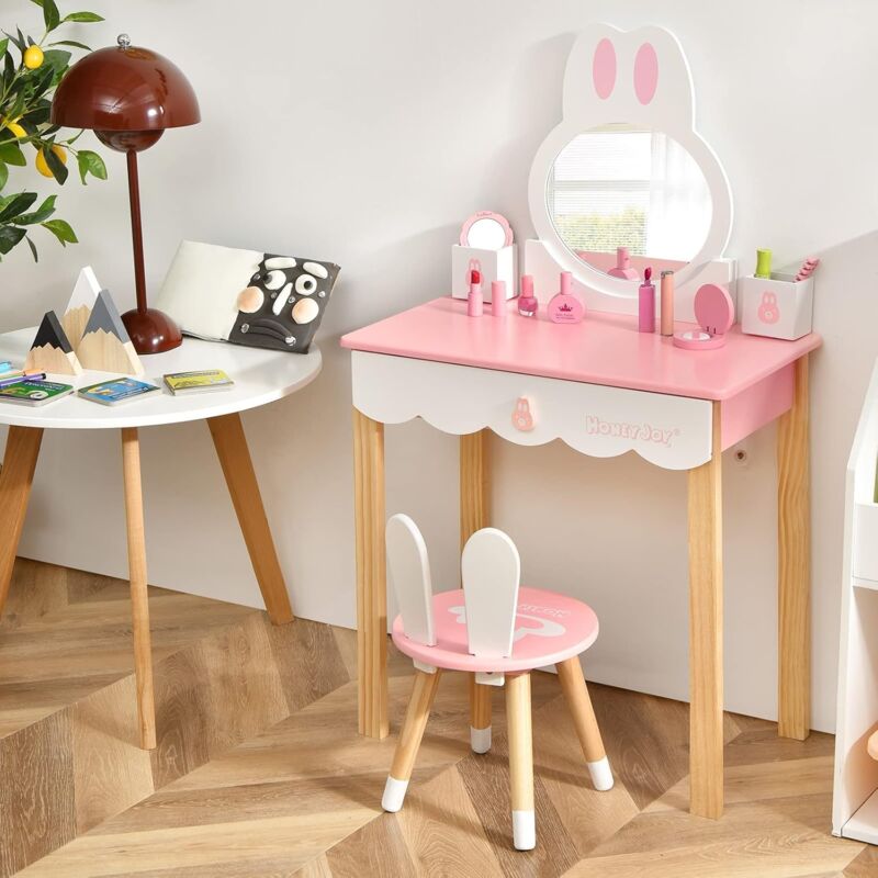 GOPLUS Toletta da Trucco per Bambini, Tavolo Giocattolo con Sedia e Specchio,  Design a Forma di Coniglio con Cassetto e 2 Scomparti, Parzialmente in Legno  Massiccio, Colori Vivaci, 60x34x103, (Stile 1