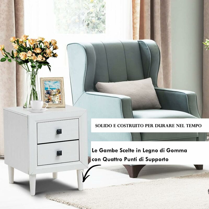 Comodino Moderno Con 2 Cassetti - Già Montato, In Legno E Gambe In Gomma, Perfetto Per Camera E Soggiorno