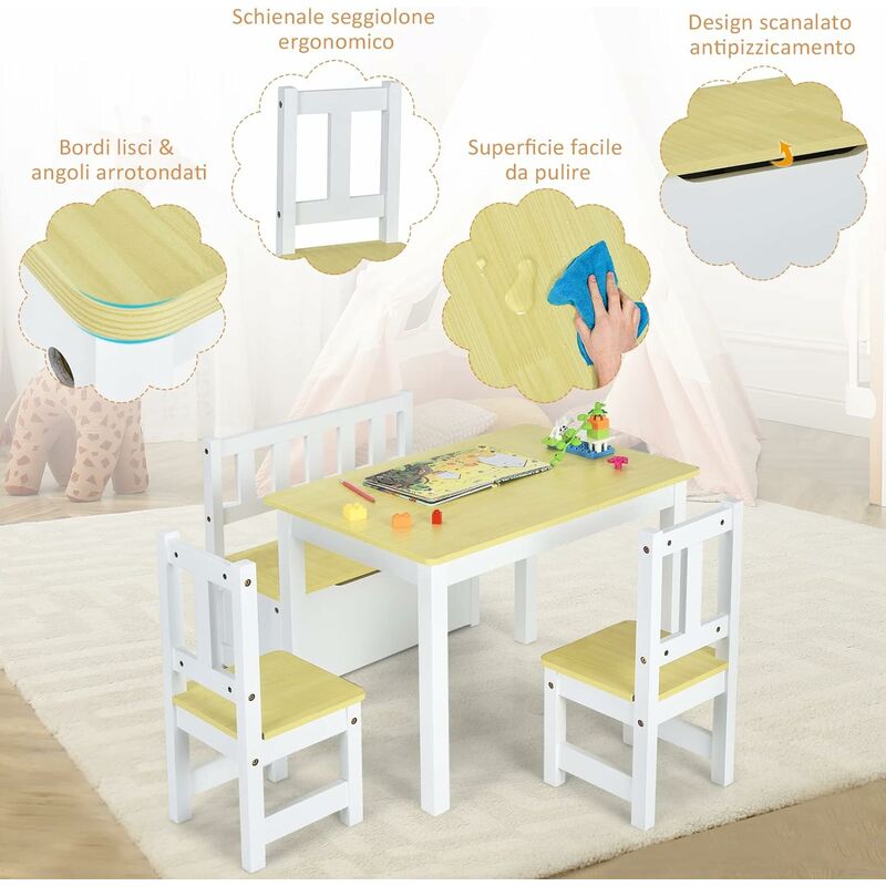 Set tavolo e sedie per bambini da 5 pezzi con schienale curvo in legno,  Tavolo attività con 4 sedie Colorato