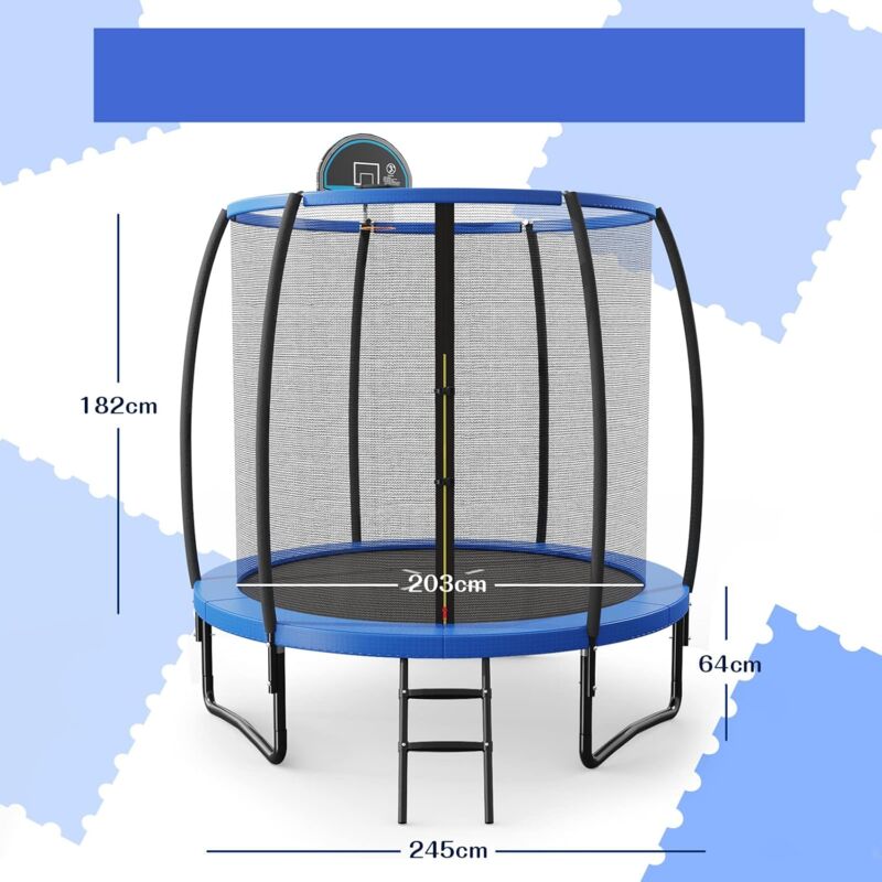 Tappeto elastico con anello da basket rete cuscinetto di sicurezza scaletta  con 2 gradini, Trampolino da 244cm - Costway