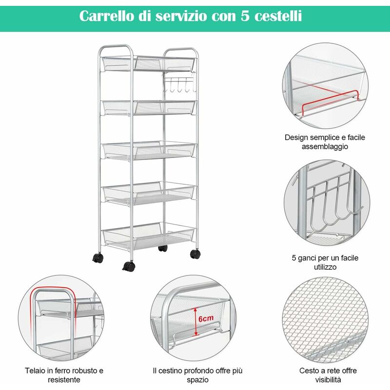 GOPLUS Carrello a Rete in Acciaio a 5 Ripiani Carrello da Cucina