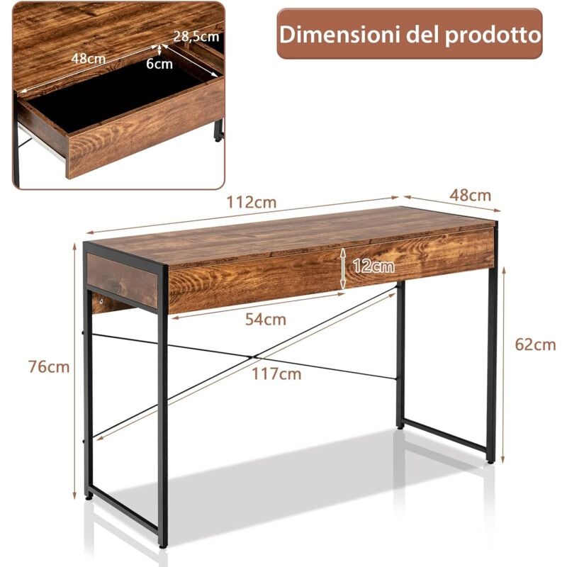 GOPLUS Scrivania per Computer con Cassetti, 2 Cassetti e Struttura in  Acciaio, Stile Industriale per Soggiorno, Camera da Letto e Studio, 112 x  48 x 76 cm (Brown)