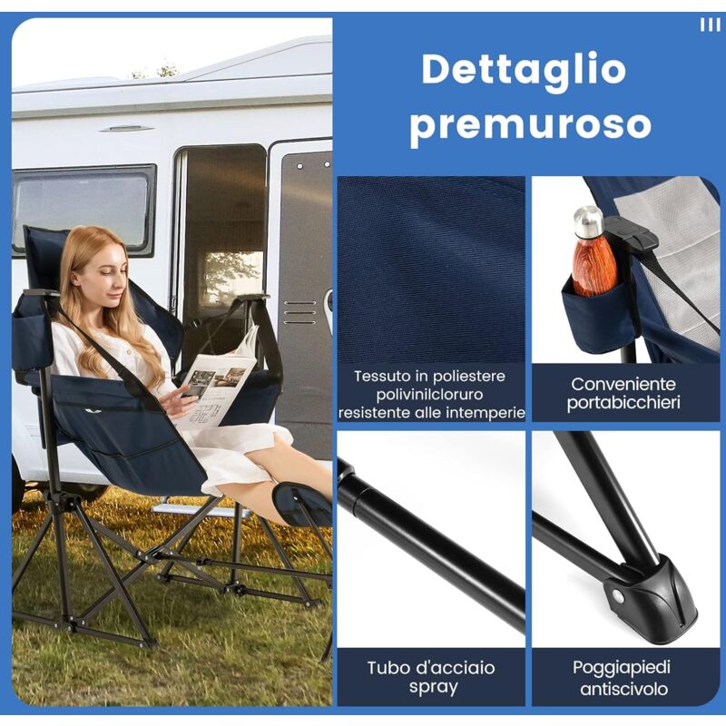 Sedia da Campeggio Portatile Reclinabile, Sedia Pieghevole da Esterno con  Poggiapiedi, Poggiatesta e Borsa da Trasporto, Sedia a Sdraio per Spiaggia,  Pesca, Giardino