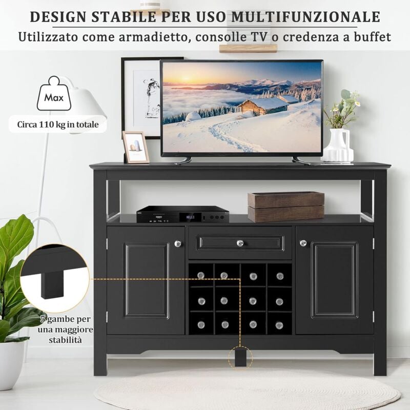 GOPLUS Mobile Portabottiglie, Mobile da Buffet, Credenza con Cassetti e  Armadietti, Scaffale per 12 Bottiglie in Legno, Ripiano Superiore Aperto, Mobile  per Esposizione di Vini (NERO)