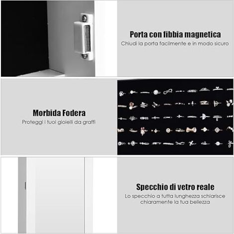 Armadietto Portagioie Con Luci LED E Specchio A Figura Intera – Bianco, Legno, 6 Luci, Serratura