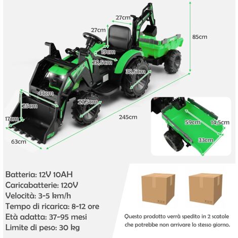 Trattore elettrico da 12 V per bambini con telecomando, Escavatore  giocattolo con rimorchio e benna da pala Verde/Giallo - Costway