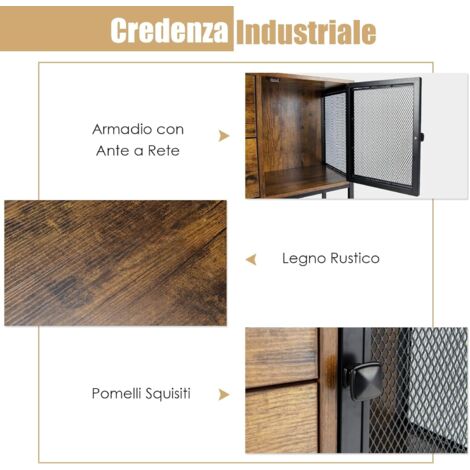 Credenza Industriale Con 2 Armadietti E 2 Cassetti - Mobile Buffet Per Soggiorno O Cucina, Marrone - Foto 8