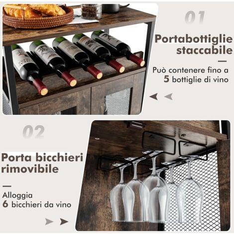 GOPLUS Cantinetta Portabottiglie di Vino, Mobile da Cucina con  Portabottiglie Rimovibile e 6 Portabicchieri, Credenza con