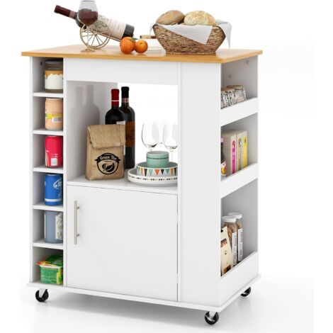 GOPLUS Carrello da Cucina con Ruote, Mobile per la Cucina con Piano in Bambù, Portabottiglie da 6 Posti, Ruote Piroettanti Bloccabili, Isola Cucina con Portaspezie e Portasciugamani, Bianco (1/5)