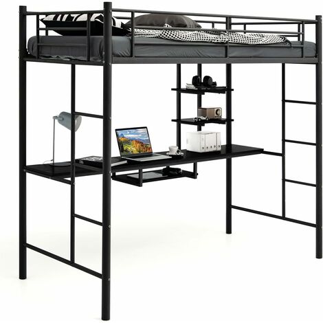 GOPLUS Letto a Soppalco in Metallo con Scrivania, Letto Multiuso 2 in 1 con Postazione di Lavoro, Scaffali di Stoccaggio, 2 Scale e Barre a Tutta Lunghezza, per Camera da Letto Dormitorio (nero)
