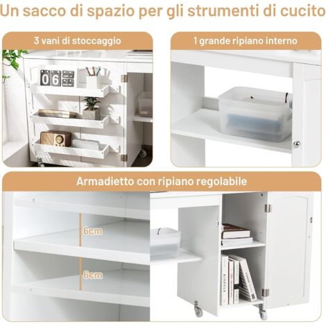 Tavolo Da Cucito Pieghevole Con Ruote E Mensole, Legno, 117x77x40 Cm - Mobiletto Multiuso Per Macchina Da Cucire