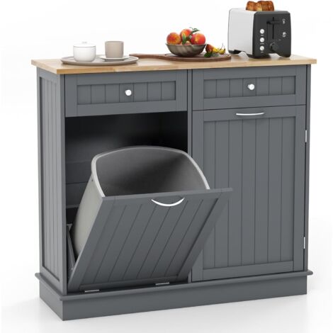 GOPLUS Credenza da Cucina, Isola da Cucina con 2 Cassetti, Ripiano Regolabile, Vassoio in Gomma per Sala da Pranzo, Soggiorno, Adatto per Bidone (non incluso) da 42L, 100 x 35 x 90,5 cm (grigio)