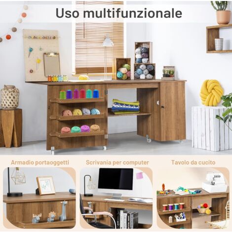 Mobiletto Da Cucito Pieghevole GOPLUS Con Ruote - 117x77x40 Cm, Legno, Con Mensole - Foto 10