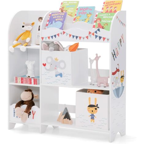 GOPLUS Scaffale Portagiochi Bambini, Libreria di Legno, 2 Scatole in Stoffa, Organizzatore per Giocattoli e Liberi, Ideale per Cameretta Ragazzi, Multiuso e Salvaspazio, Bianco