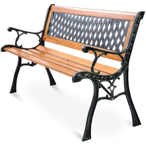 GOPLUS Panchina da Giardino a 2 Posti, Portata di 210 kg, Sedile in Legno, Struttura Ghisa, con Schienale Alto e Braccioli, Panca da Esterno Vintage, 126x52x74 cm